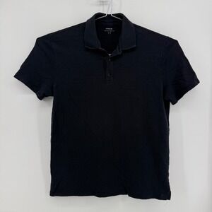 Vince Polo Shirt Men M Navy Blue Solid Cotton Slub Short Sleeve Button